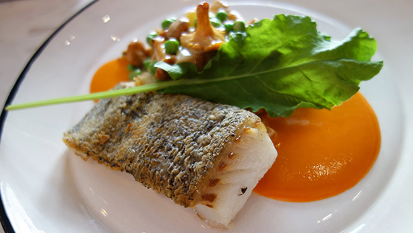 Палтус с молодым картофелем и соусом ромеско