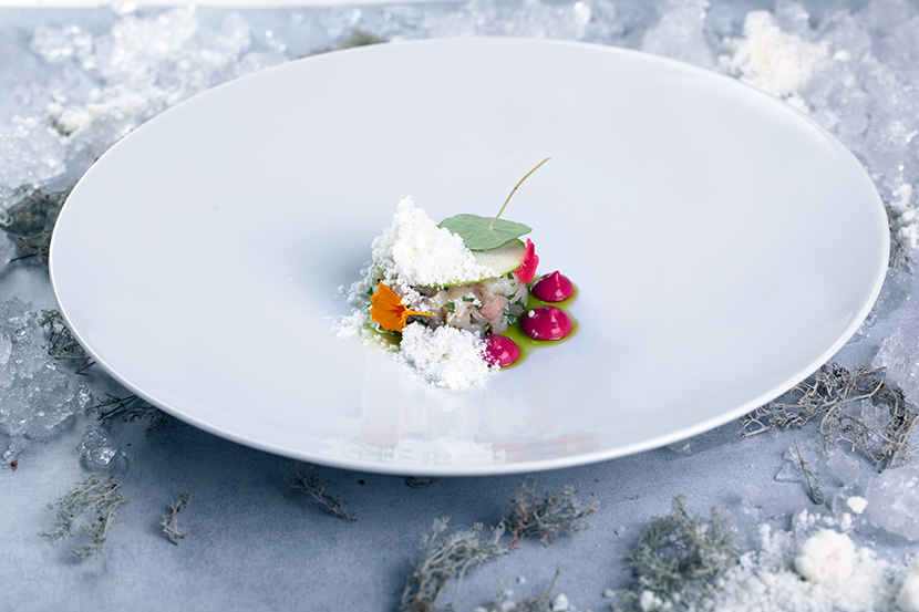 Гребешок / омуль / крем из свеклы / снег из хрена и йогурта / яблоко