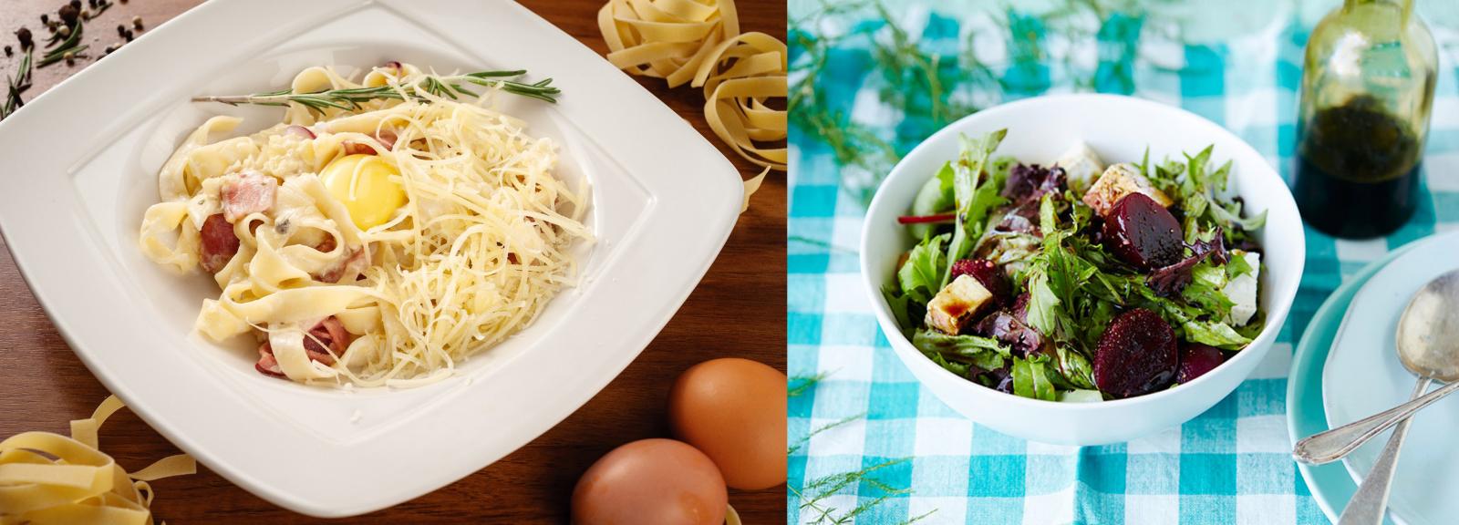 pasta carbonara and heap beetroot salad